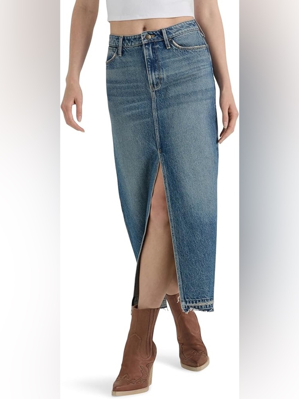 Wrangler Washed Blue Denim Midi Skirt with Front Center Slit
